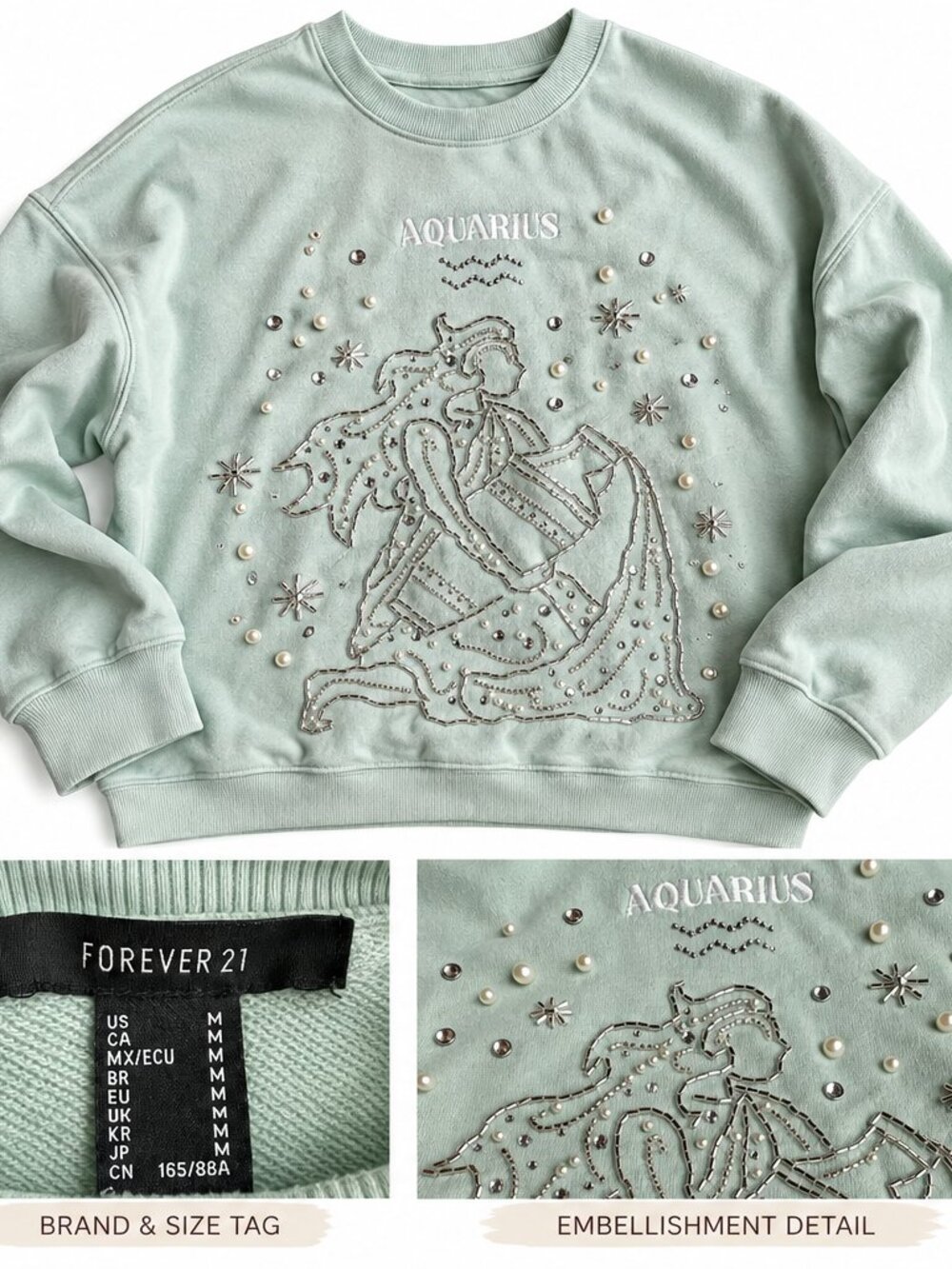 Forever 21 Beaded Aquarius Pullover M Seafoam Pearl Rhinestone Zodiac Sweatshirt